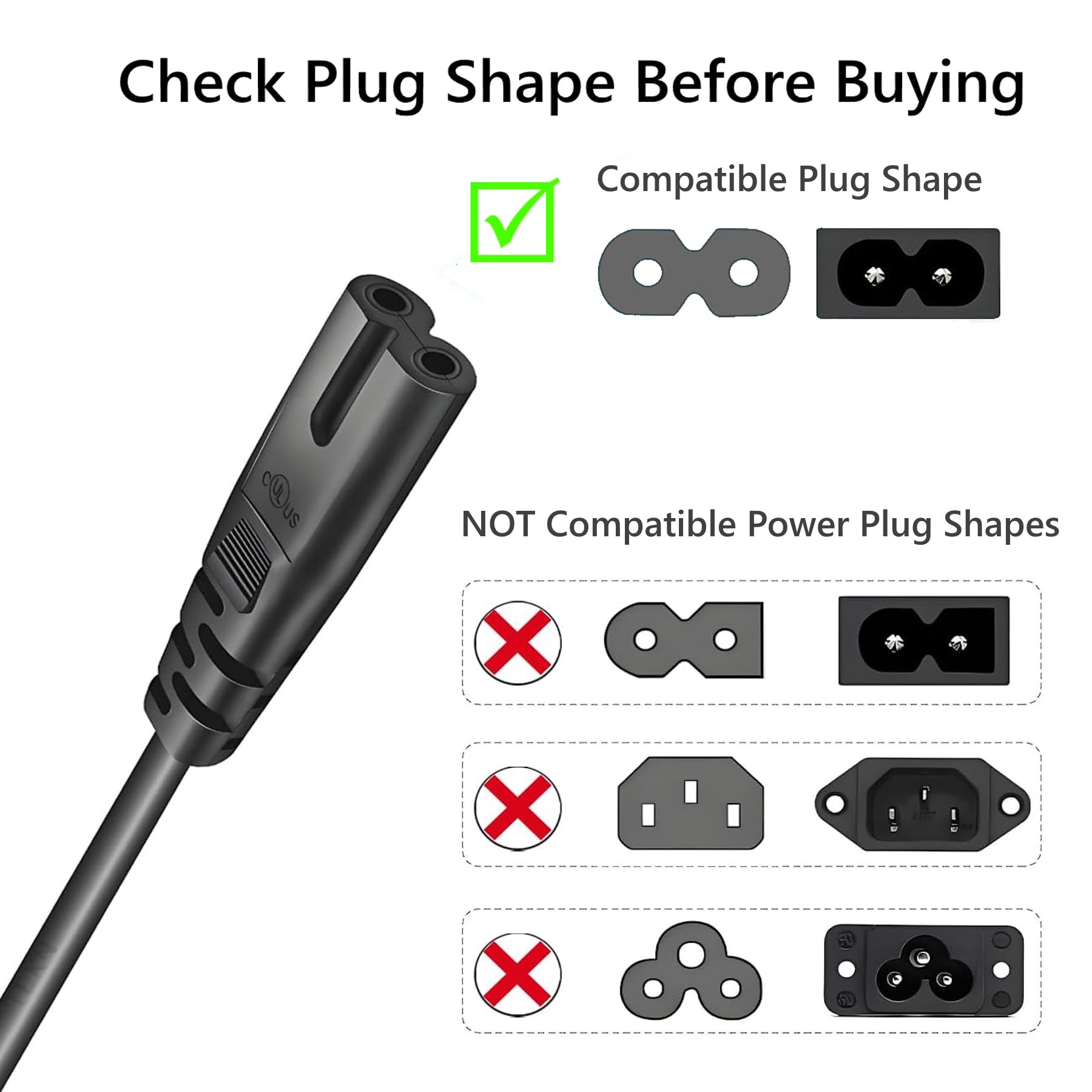 Amazon.com: AC Power Cord/Cable (Two Prong / 2-Prong, 2-Pin) C8